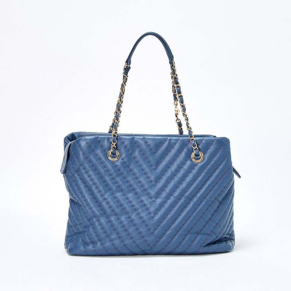 Chanel V Stitch 2012 Tote Bag Blue Champagne Gold